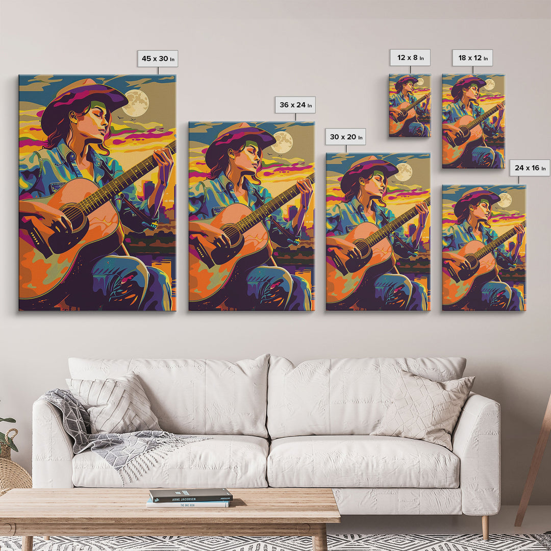 Country Cowboy playing guitar under a colorful sunset, pop art style Framed Canvas Print - music decor, country music art, vibrant wall art