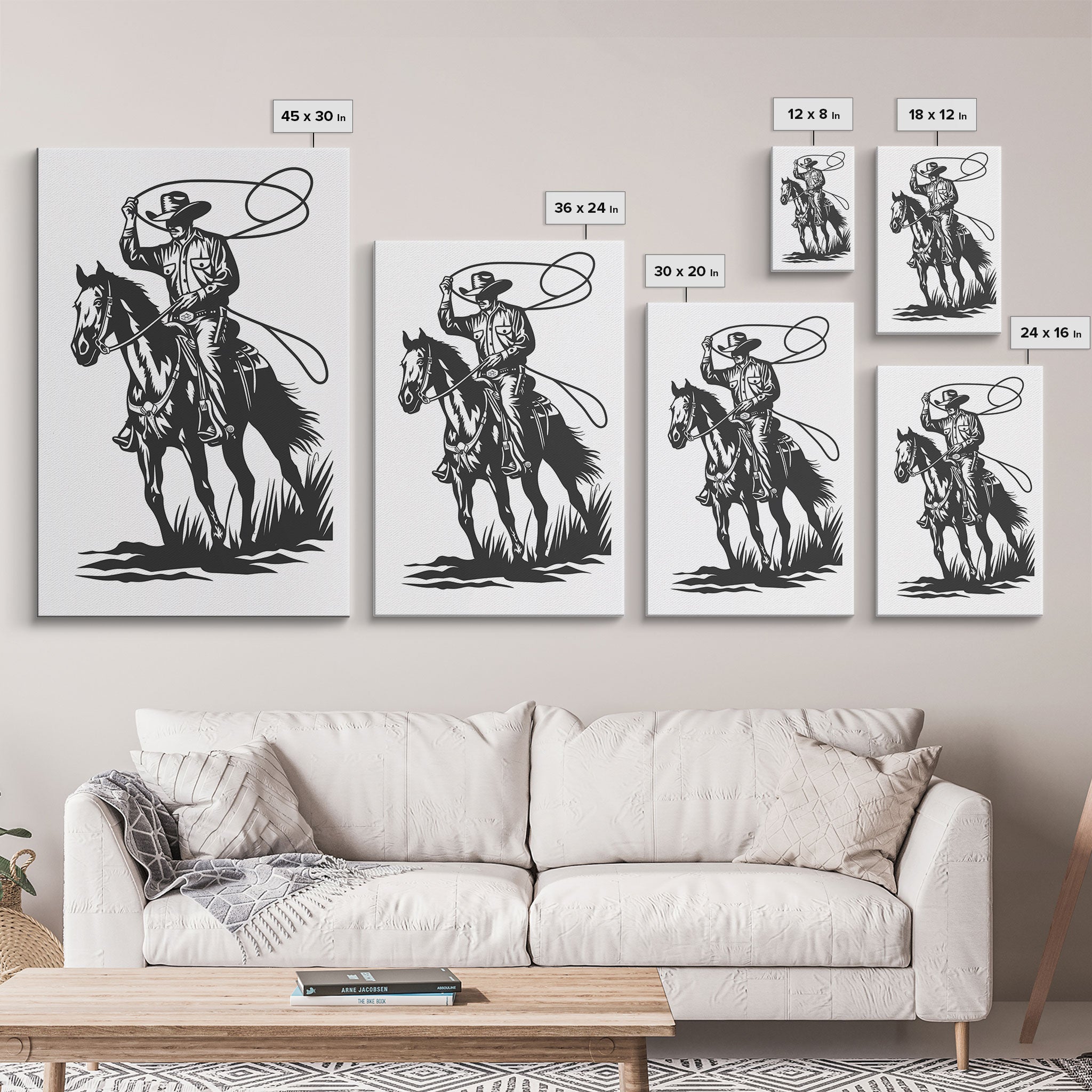 Cowboy Roping Horse Art Print, Western Silhouette Framed Canvas, Vintage Rodeo Cowboy Artwork, Rustic Western Home Decor