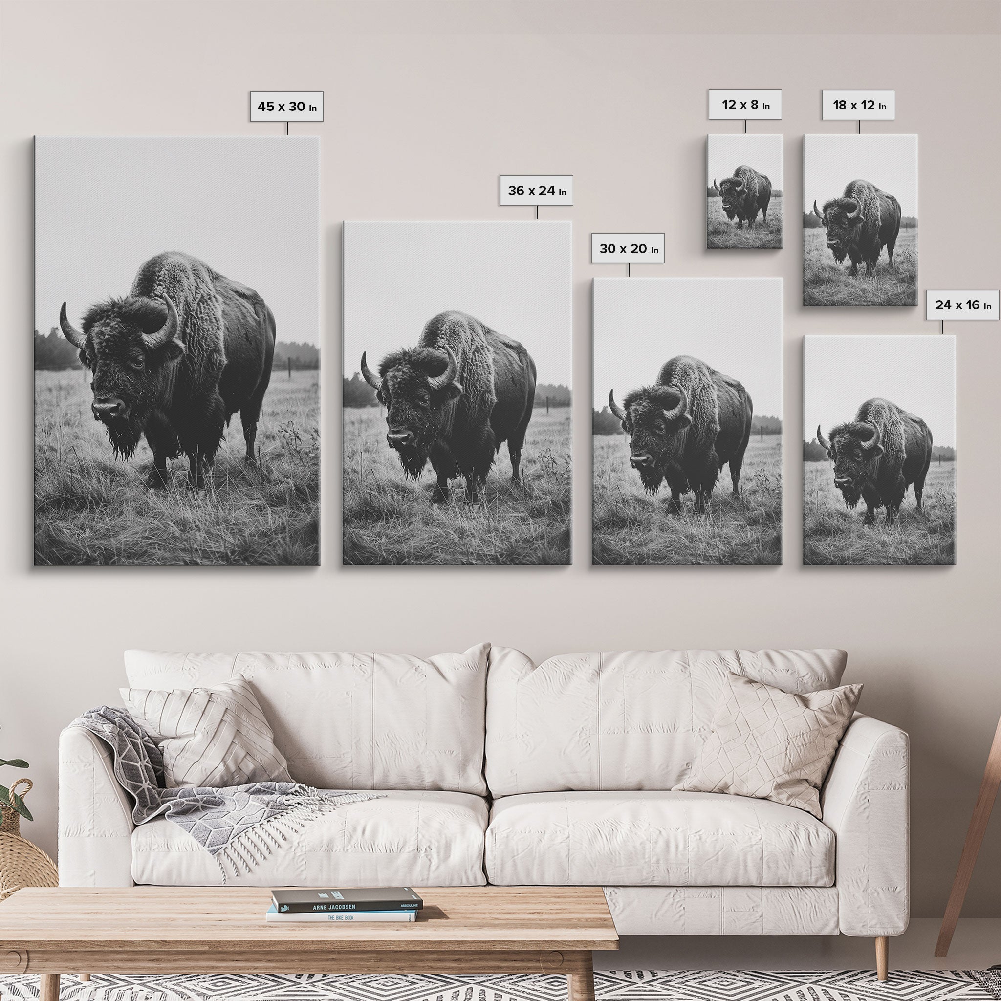 Majestic Bison in Black and White Photography - Framed Canvas Print, Wildlife Photography, Rustic Bison Art for Home Decor