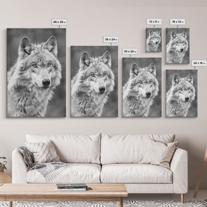 Wolf Portrait in Black and White Photography - Framed Canvas Print, Wildlife Photography, Rustic Wolf Art for Home Wall Decor