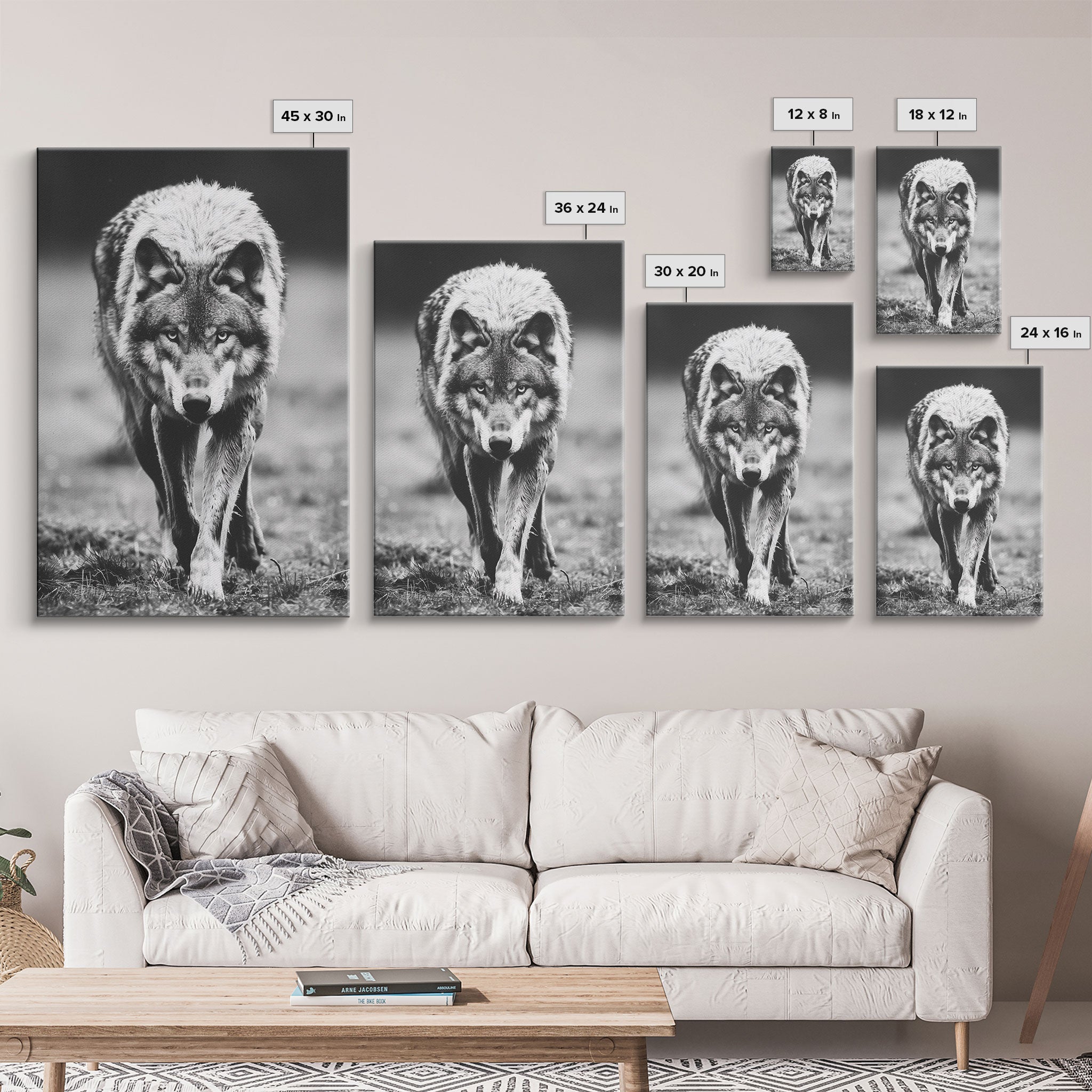 Majestic Wolf Black and White Art Print - Framed Canvas Wall Decor, Wildlife Art for Living Room, Rustic Animal Wall Art for Home