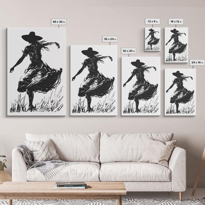 Country Girl Silhouette Art Print, Framed Canvas Western Decor, Vintage Cowgirl Artwork, Rustic Southwest Wall Art for Home