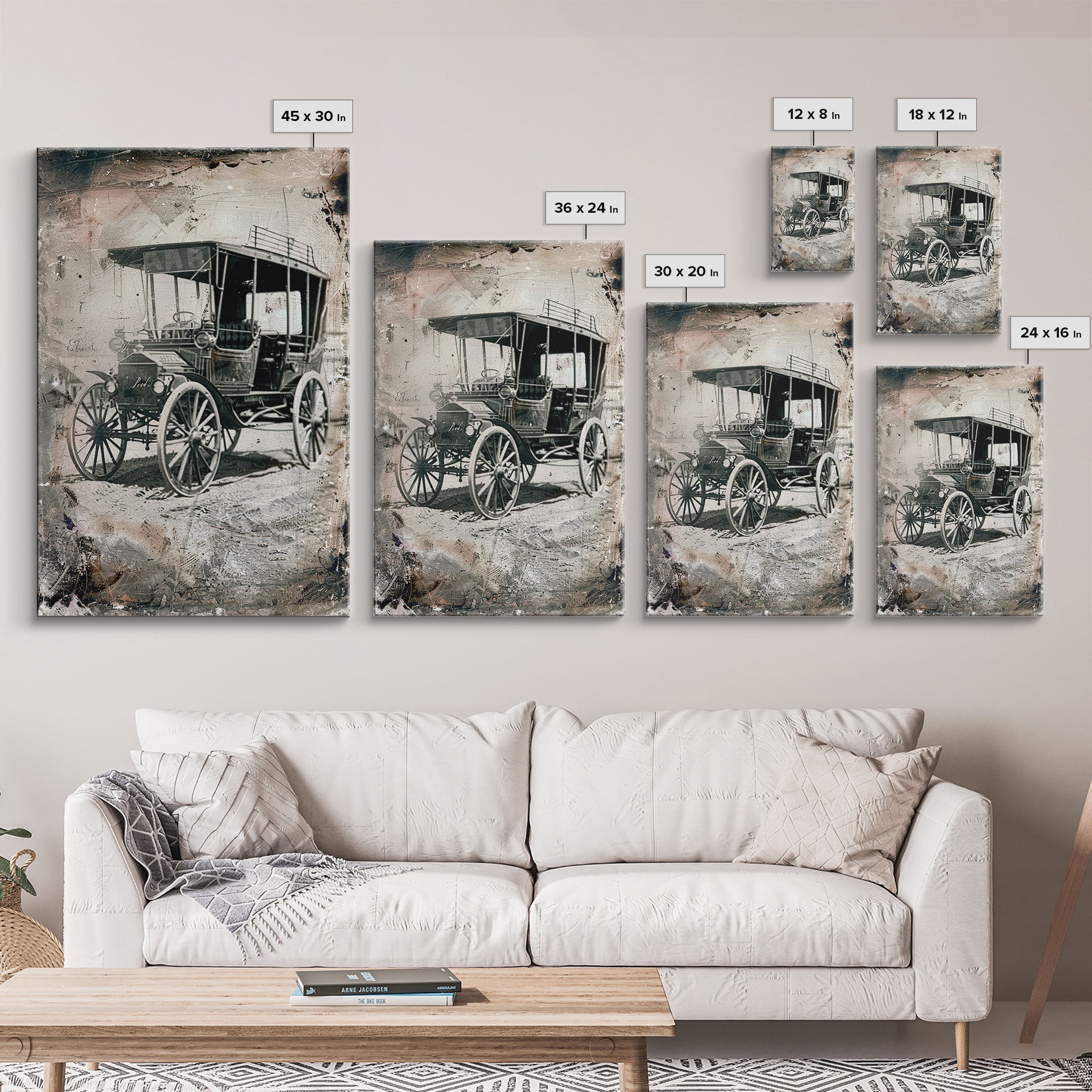 Antique Carriage Sepia Print - Framed Canvas Wall Art, Vintage Vehicle Decor for Living Room, Rustic Antique Car Artwork, Historical Art