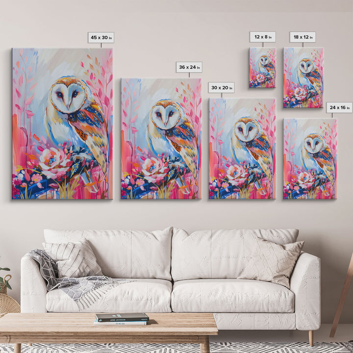 Colorful Owl Art on Pink Background - Framed Canvas Print, Modern Animal Decor for Living Room, Bright Bird Artwork, Whimsical Wall Art