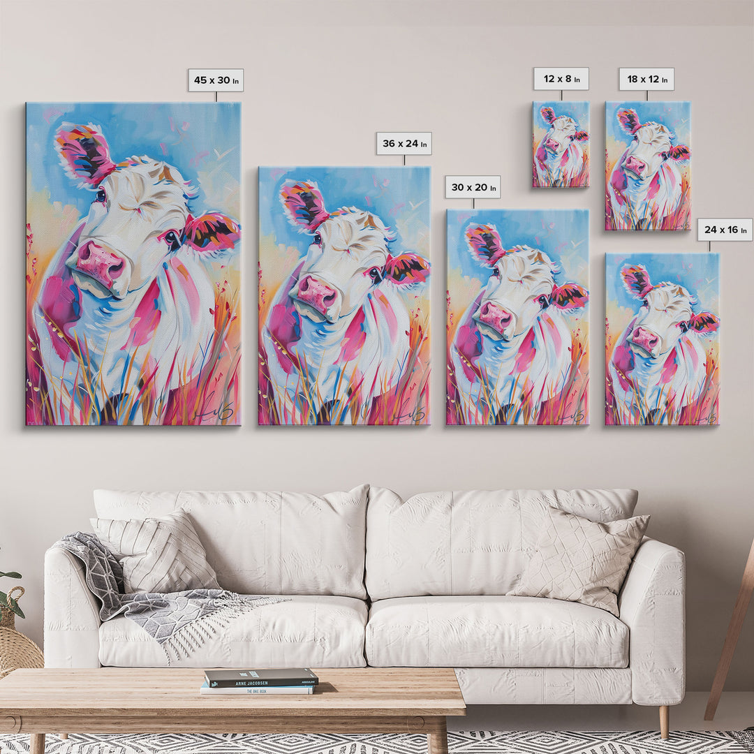 Whimsical Colorful Cow Portrait - Modern Farmhouse Wall Art, Vibrant Animal Painting, Living Room Decor, Cute Cow Canvas Print