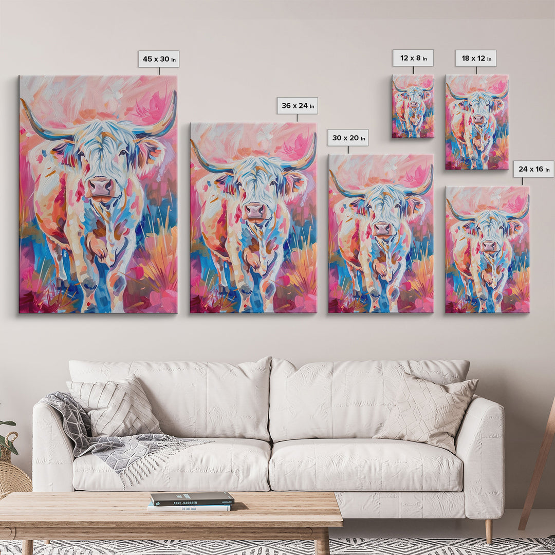 Colorful Highland Cow Art - Rustic Farmhouse Wall Decor, Vibrant Animal Painting, Living Room Art, Highland Cow Canvas Print