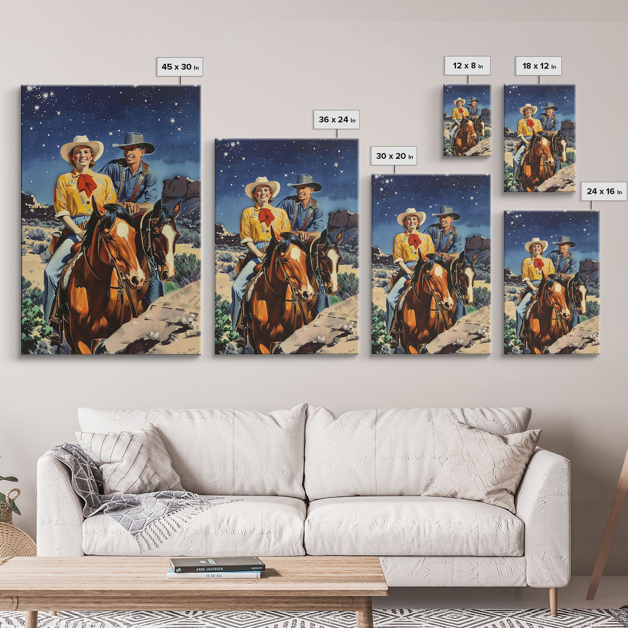 Vintage Western Couple Riding Horses Under Stars - Rustic Cowboy Wall Art, Night Sky Painting, Living Room Decor, Western Canvas