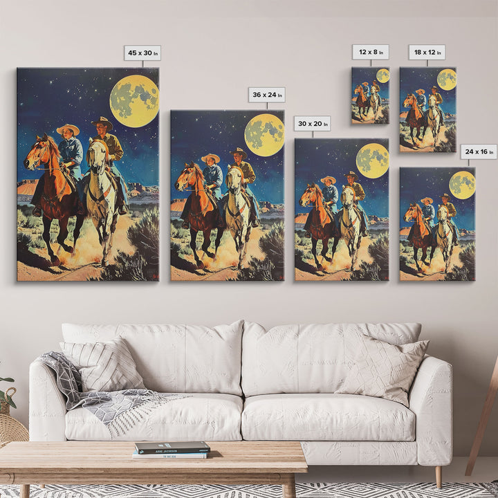 Vintage Cowboy Couple Under Moonlit Sky - Rustic Western Wall Art, Night Sky Painting, Bedroom Decor, Cowboy Canvas Print