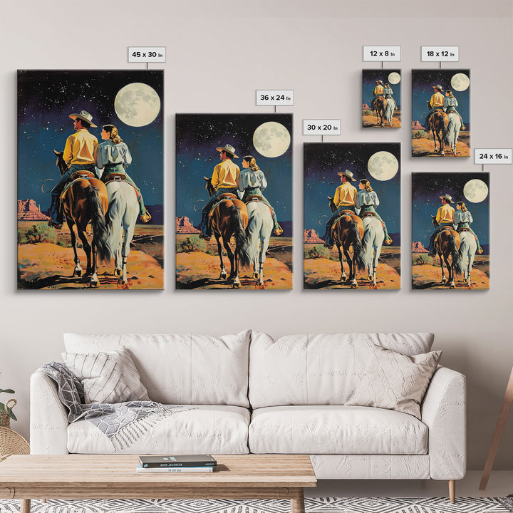 Cowboy Couple Gazing at Moon - Vintage Western Wall Art, Romantic Night Sky Painting, Living Room Decor, Cowboy Canvas Print