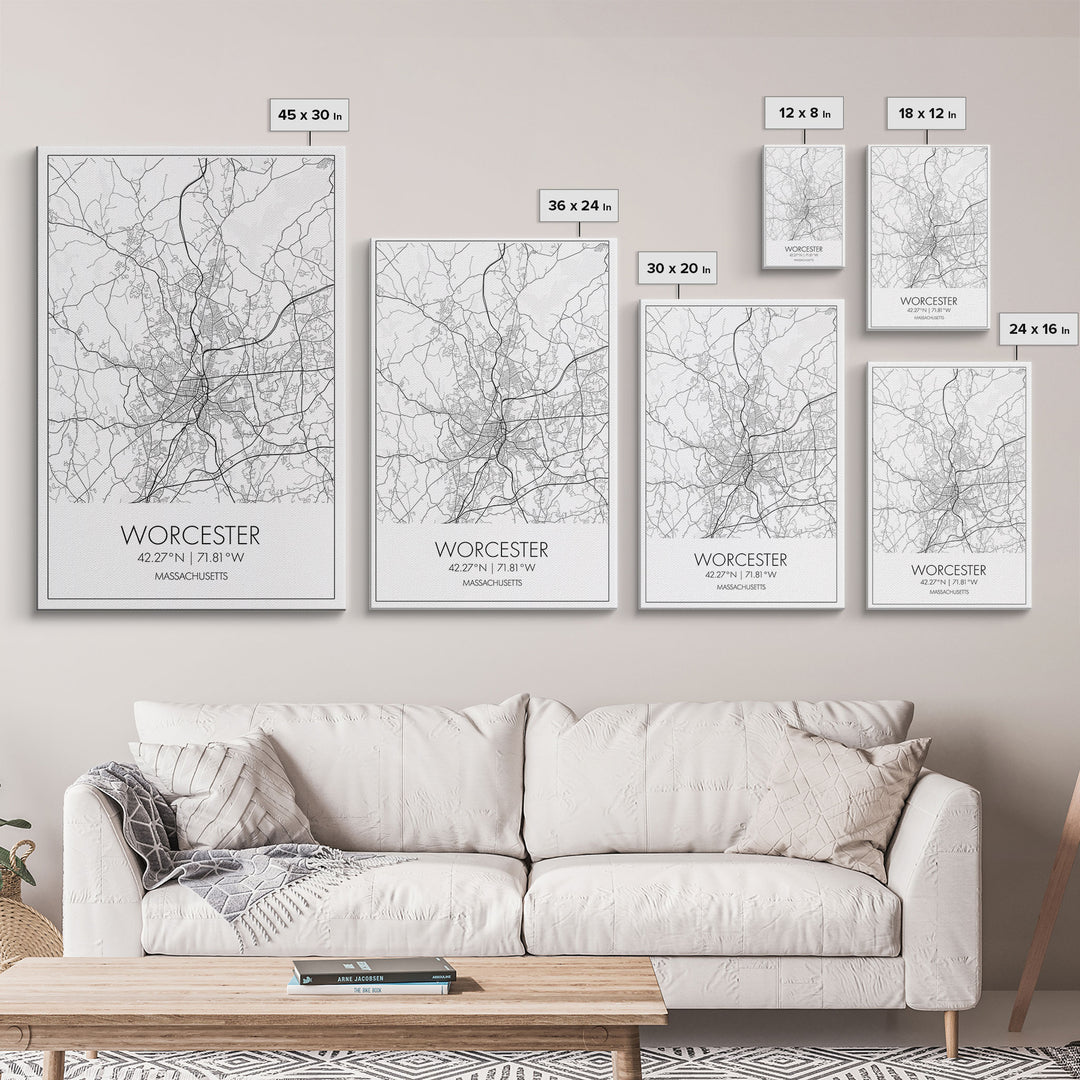 Worcester Street Map, Massachusetts Map, City Map Print, Minimalist Art, Wall Art, Canvas Print, Home Office Wall Art, Unique Travel Gifts