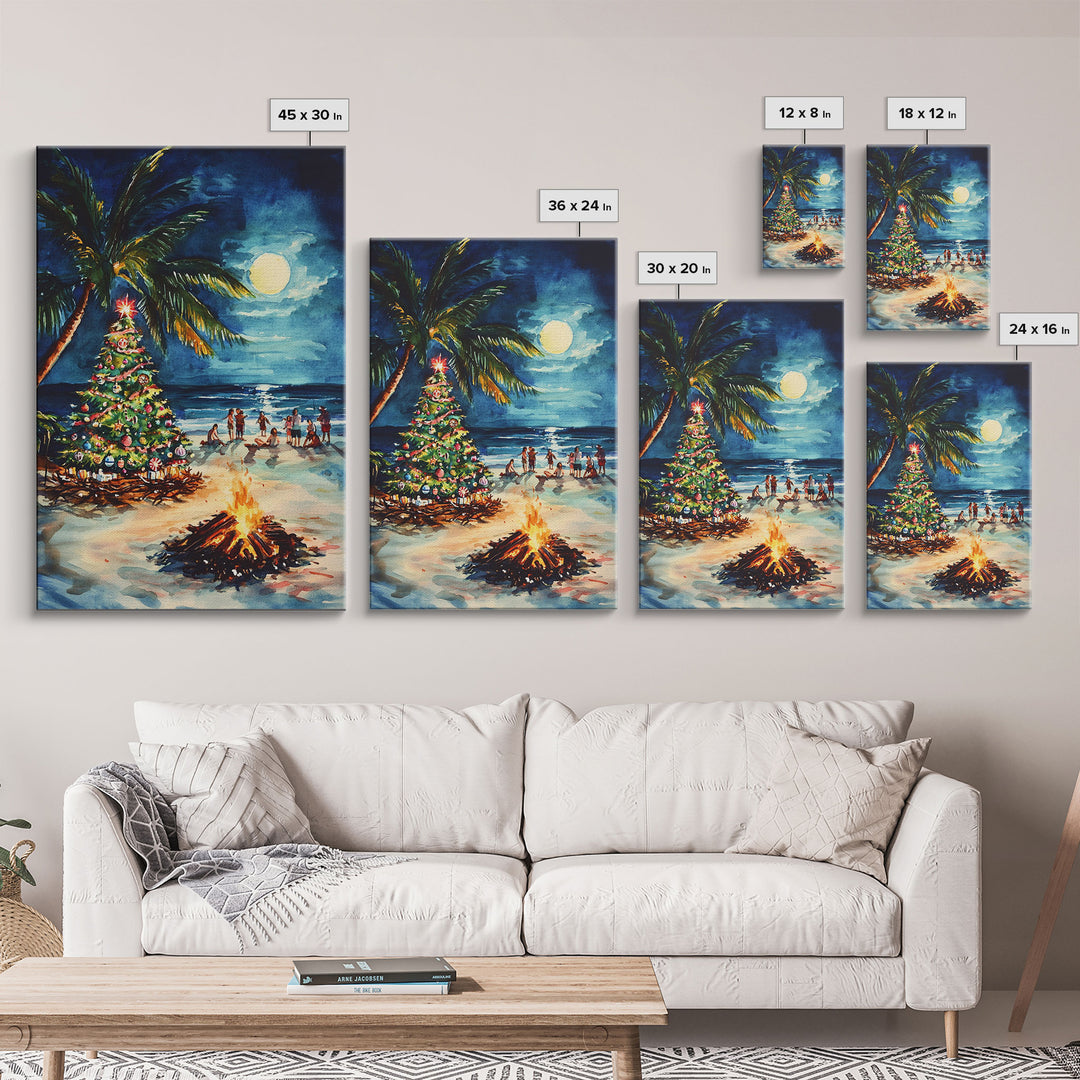 A Beach Christmas Framed Canvas Print, Christmas Painting, Tropical Beach Xmas Decor