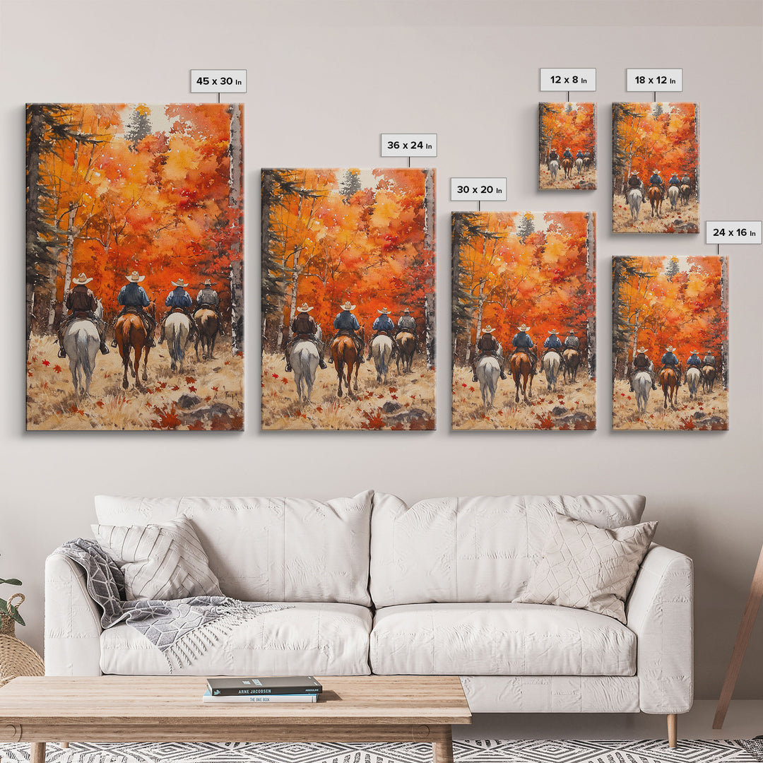 The Riders, Autumn Decor, Framed Canvas Print, Fall Painting, Fall Centerpiece Decor, Vintage Autumn Or Fall Painting Art