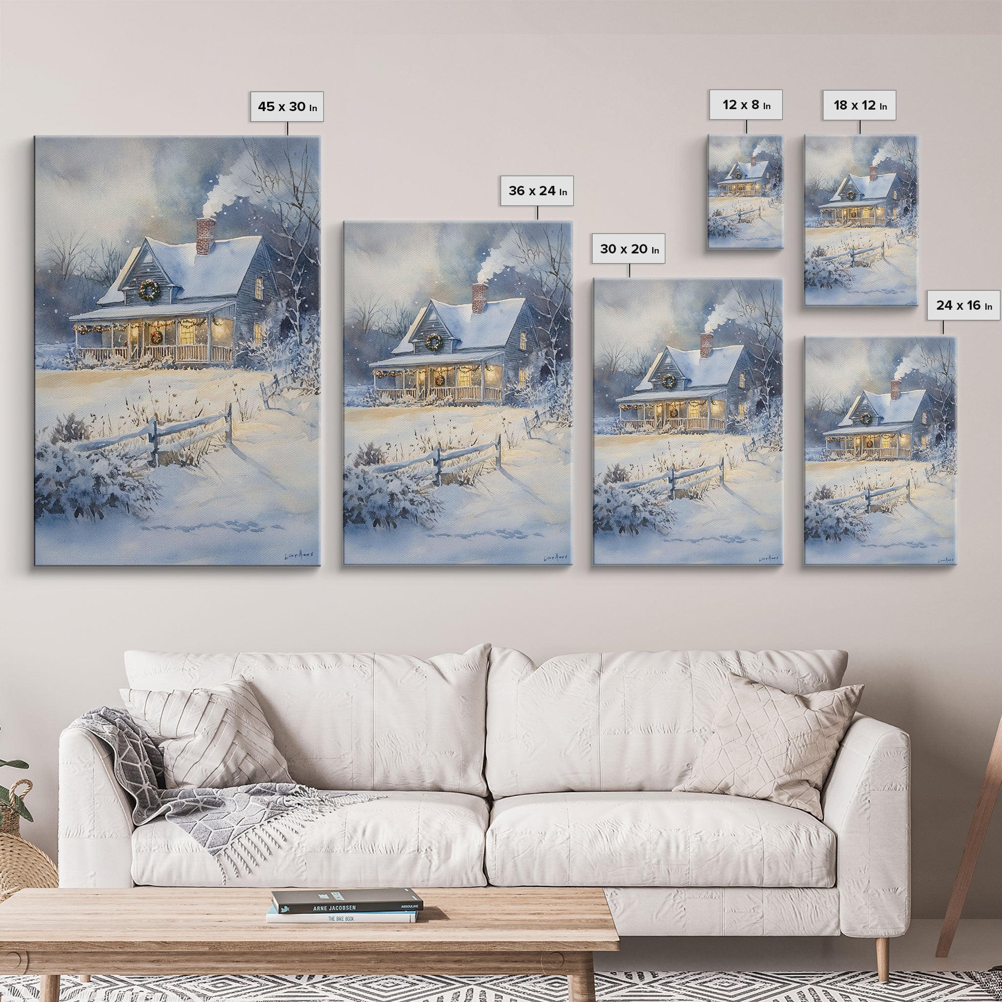 Christmas Cottage Wall Art, Framed Canvas Print, Winter Wonderland Landscape Print