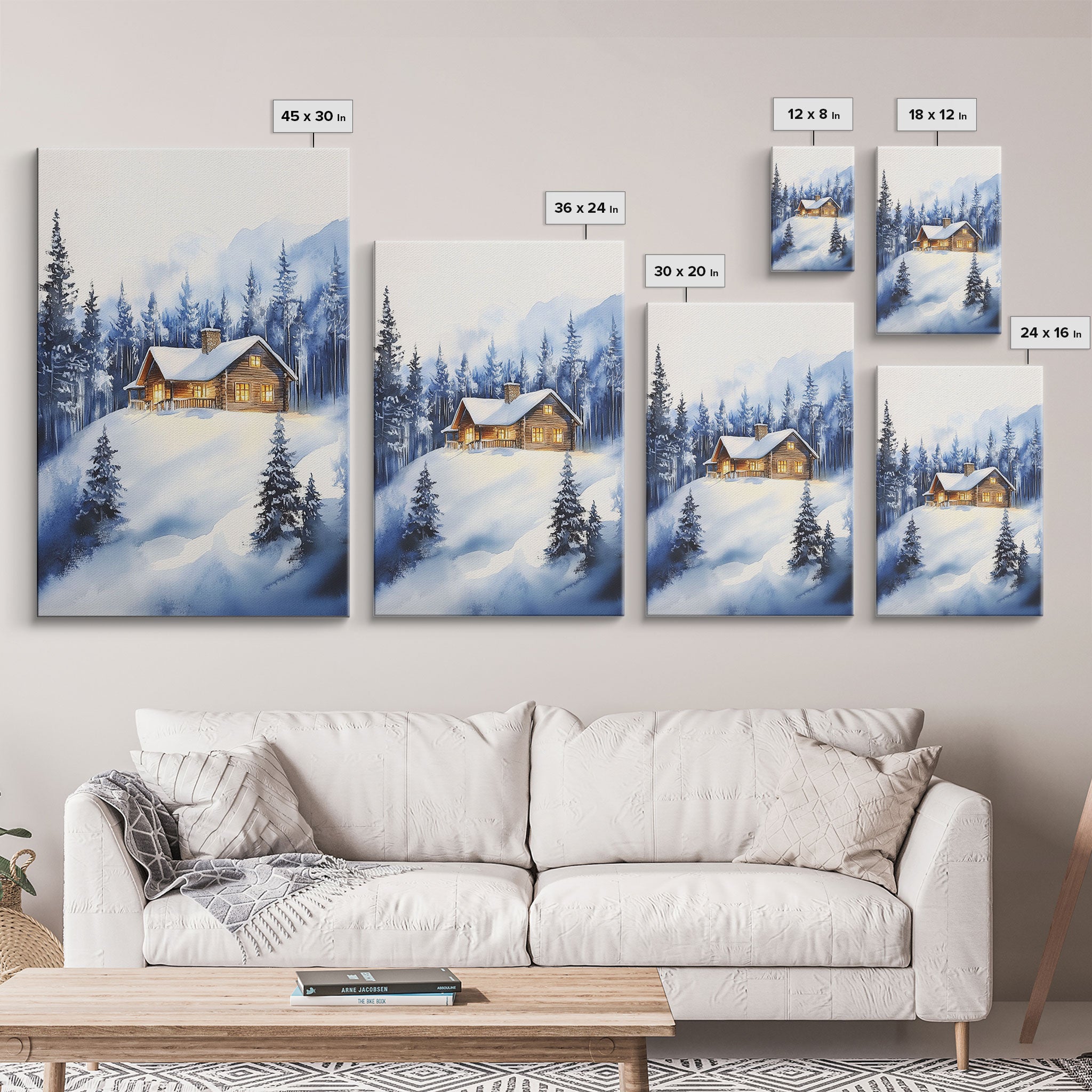 Winter Wonderland Landscape Print, Cabin In The Woods Rustic / Primitive Wall Art, Colorful Christmas