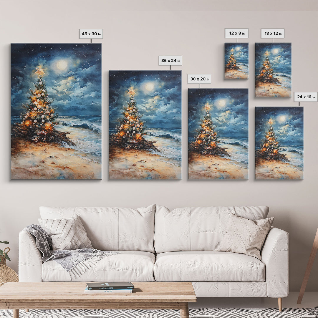 Christmas Tree On The Beach, Framed Canvas Print, gallery wall, Christmas Poster, Xmas Prints