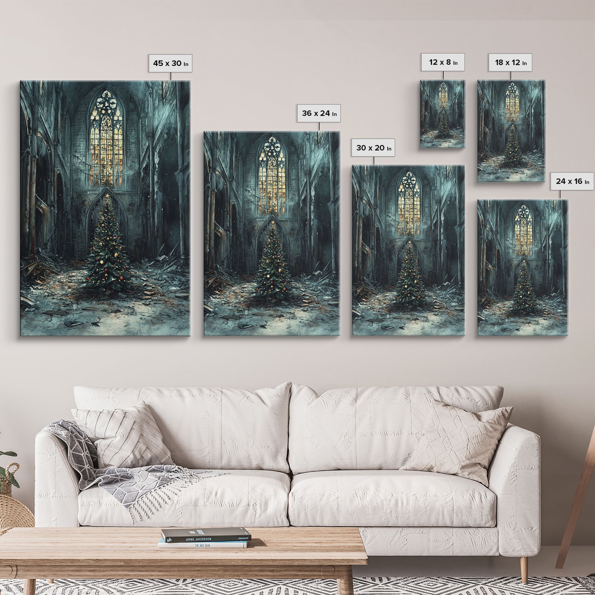 Moody Landscape Gothic Cathedral Christmas Tree Framed Canvas Print Christian Christmas Art Gift Rustic Holiday Wall Art Home Decor