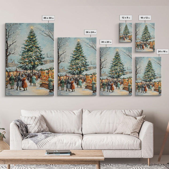 Snowy Christmas Market with Decorated Stalls and Large Holiday Tree, Framed Canvas Print for Vintage Christmas Wall Decor