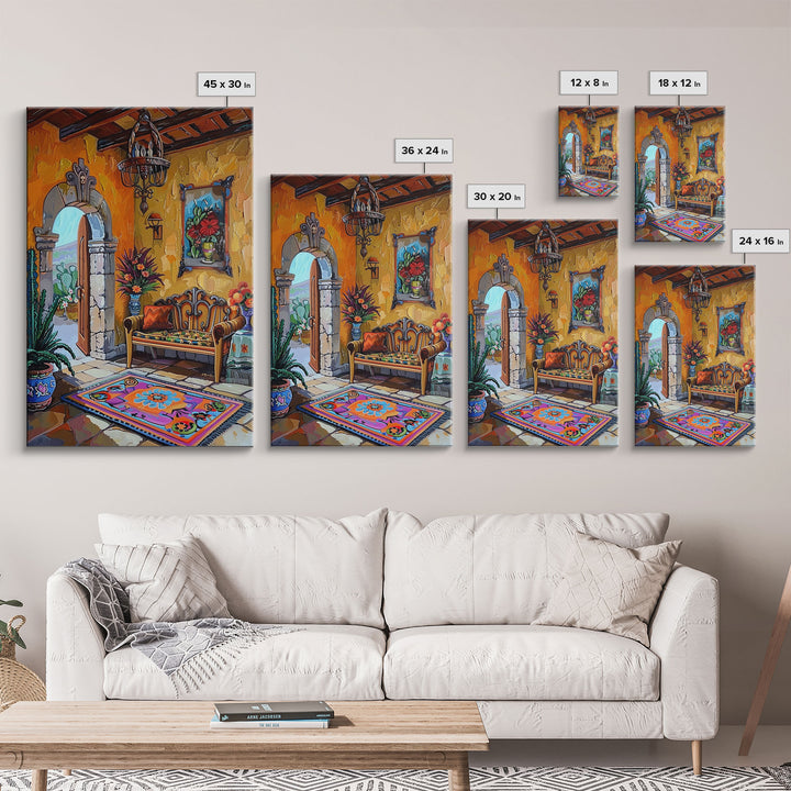 Vibrant Spanish Courtyard Framed Canvas Print Colorful Home Decor Best Gift Bright Seasonal Wall Art Mediterranean Patio Above Sofa Art