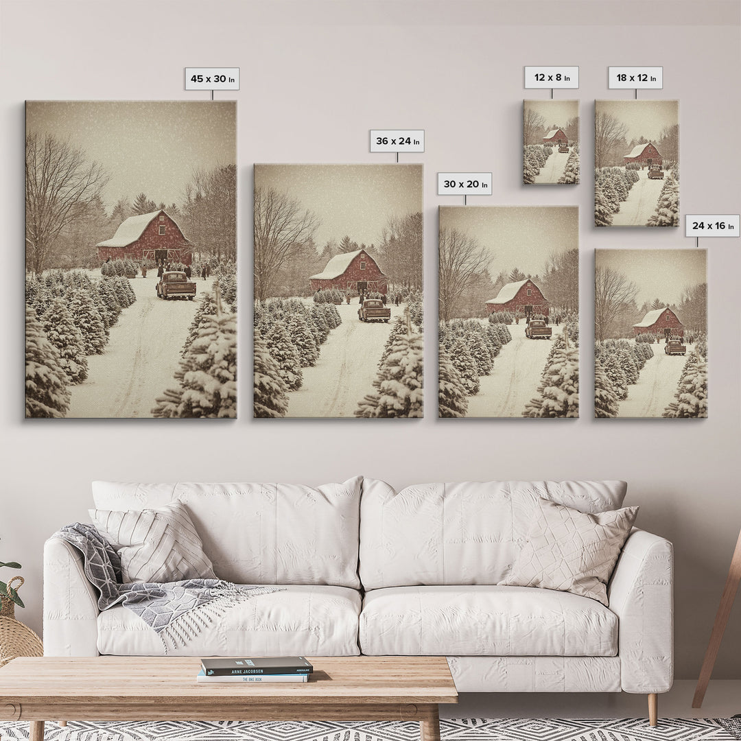 Snowy Farmhouse Christmas Scene with Red Barn and Vintage Truck, Perfect for Framed Canvas Print and Rustic Christmas Wall Art