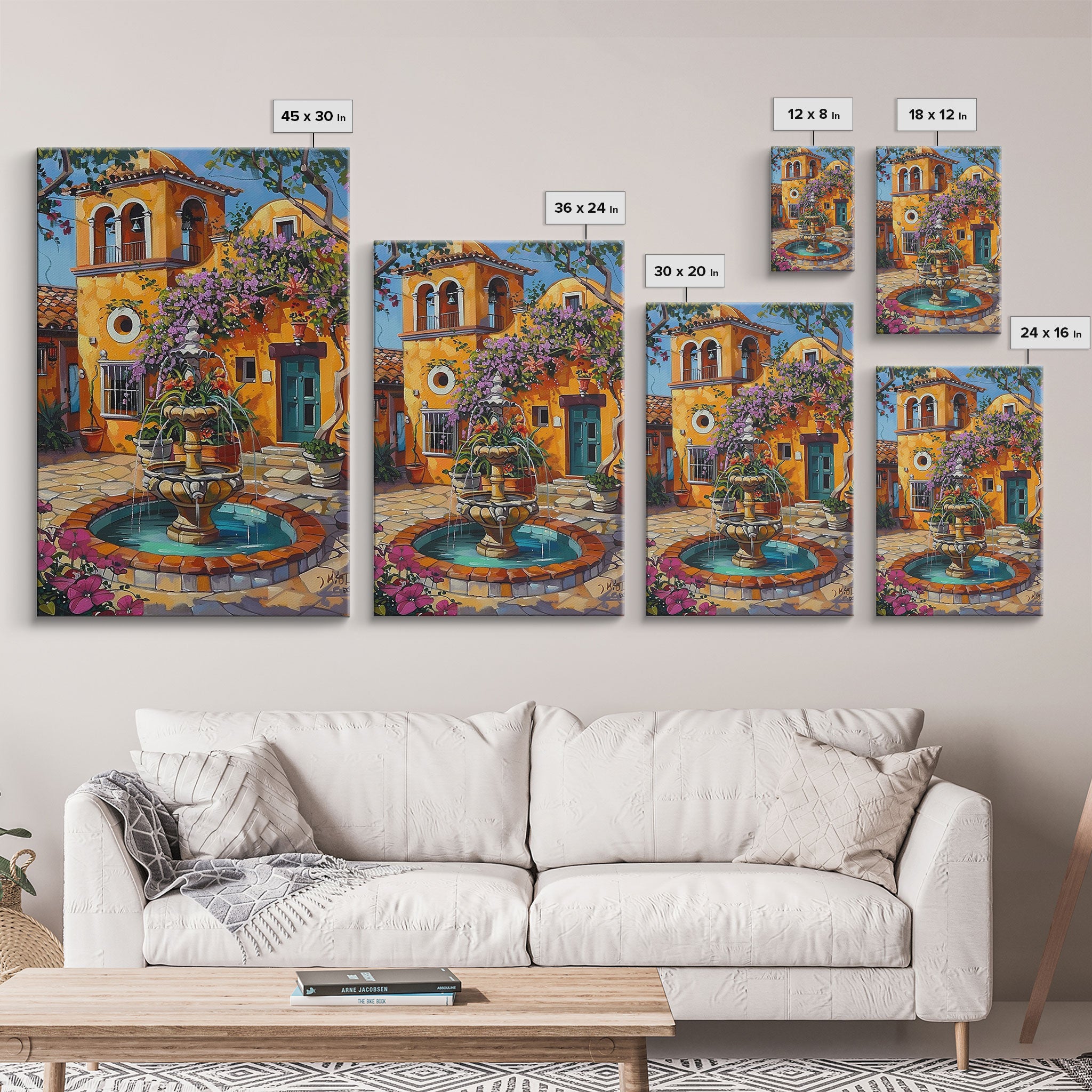 Tall Art Framed Canvas Print Featuring Mexican Style Courtyard Fountain And Vibrant Architecture