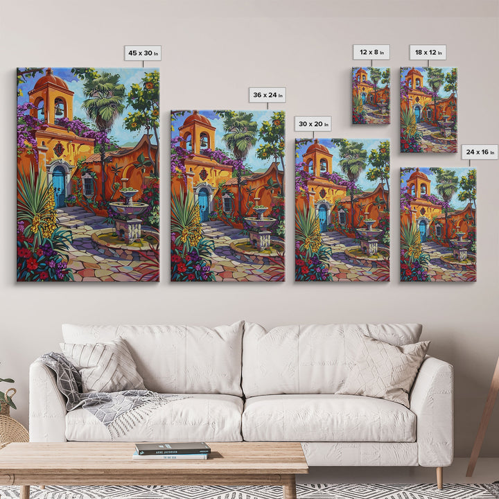 Vibrant Mexican Style Architecture Framed Canvas Print Tall Art Featuring Colorful Homes And Nature