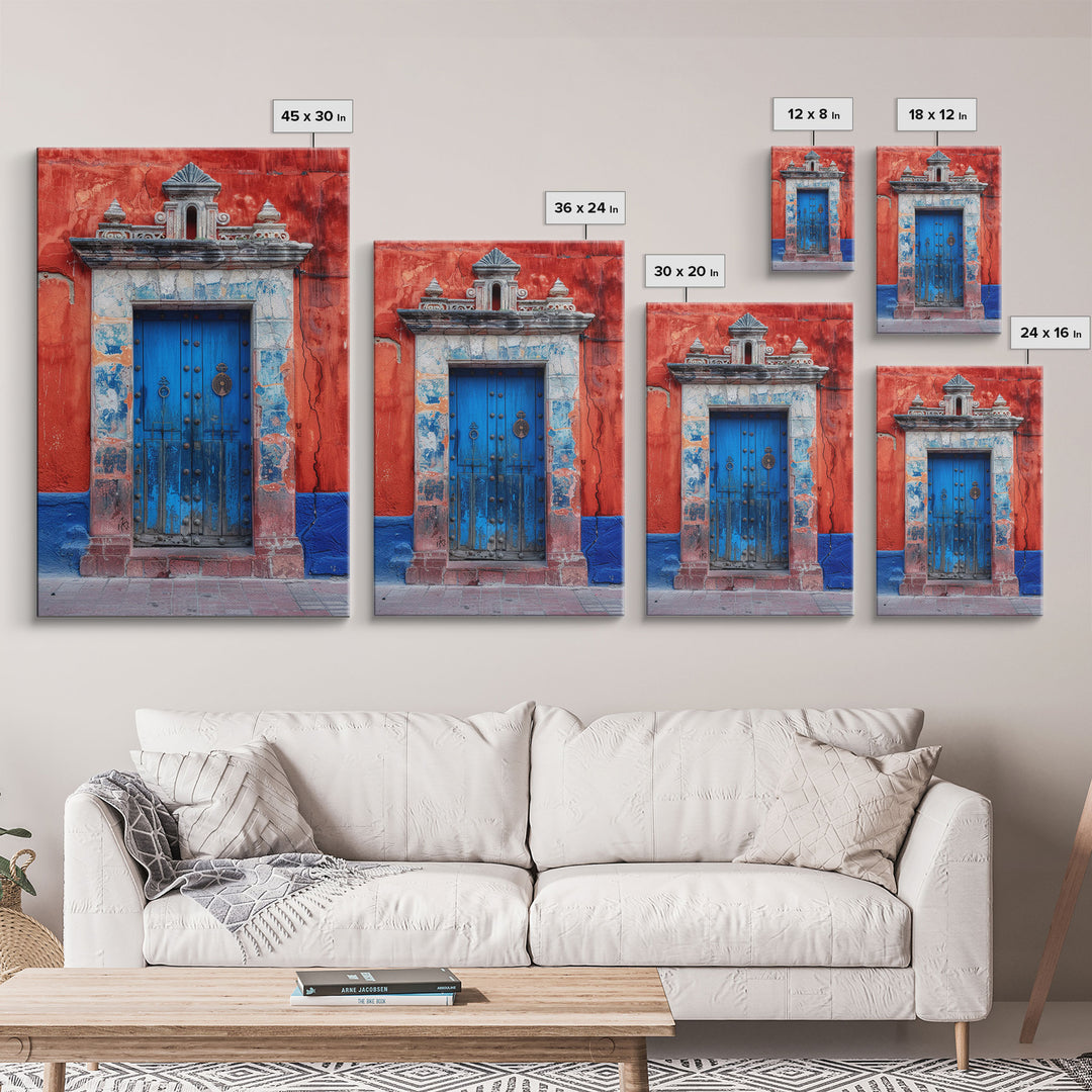 Tall Art Framed Canvas Print Of Mexican Style Blue Door And Red Walls With Vibrant Flowers