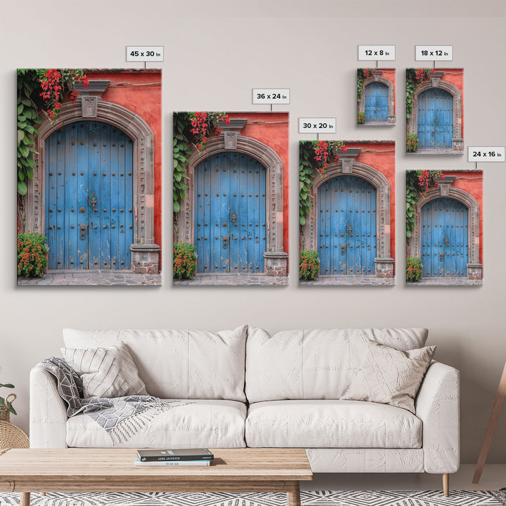 Traditional Mexican Style Rustic Blue Door Tall Art Framed Canvas Print Featuring Detailed Architecture