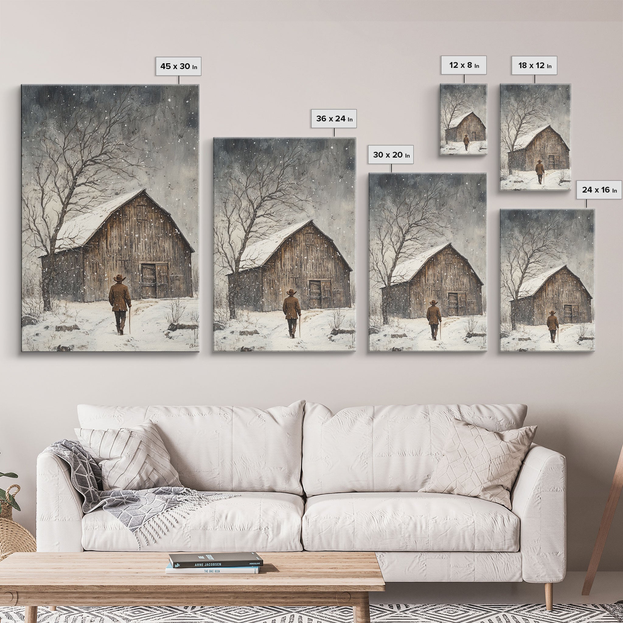 Winter Barn Snow Scene Framed Canvas Print - Moody Landscape Art Perfect Gift Idea 2024 Farmhouse Rustic Winter Wall Decor