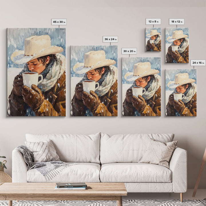 Cowboy Drinking Hot Cocoa Framed Canvas Print - Cozy Winter Wall Art 2024 Rustic Christmas Decor and Gift Idea