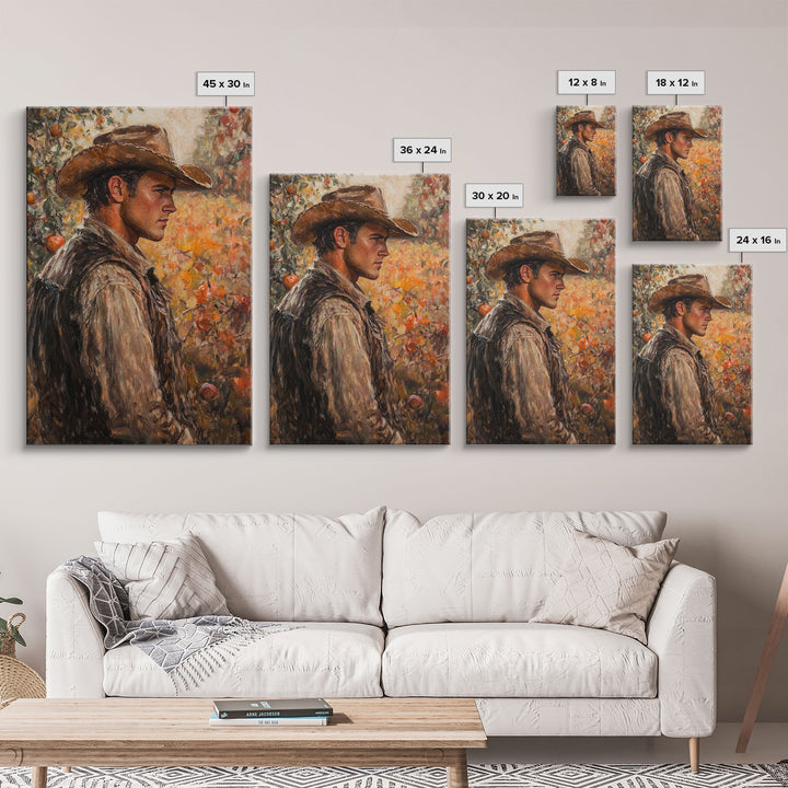 Thoughtful Cowboy in Orchard Canvas Print with Fall Colors, Rustic Western Art, Autumn Decor Gift, Vintage Wall Art, Large Canvas Print