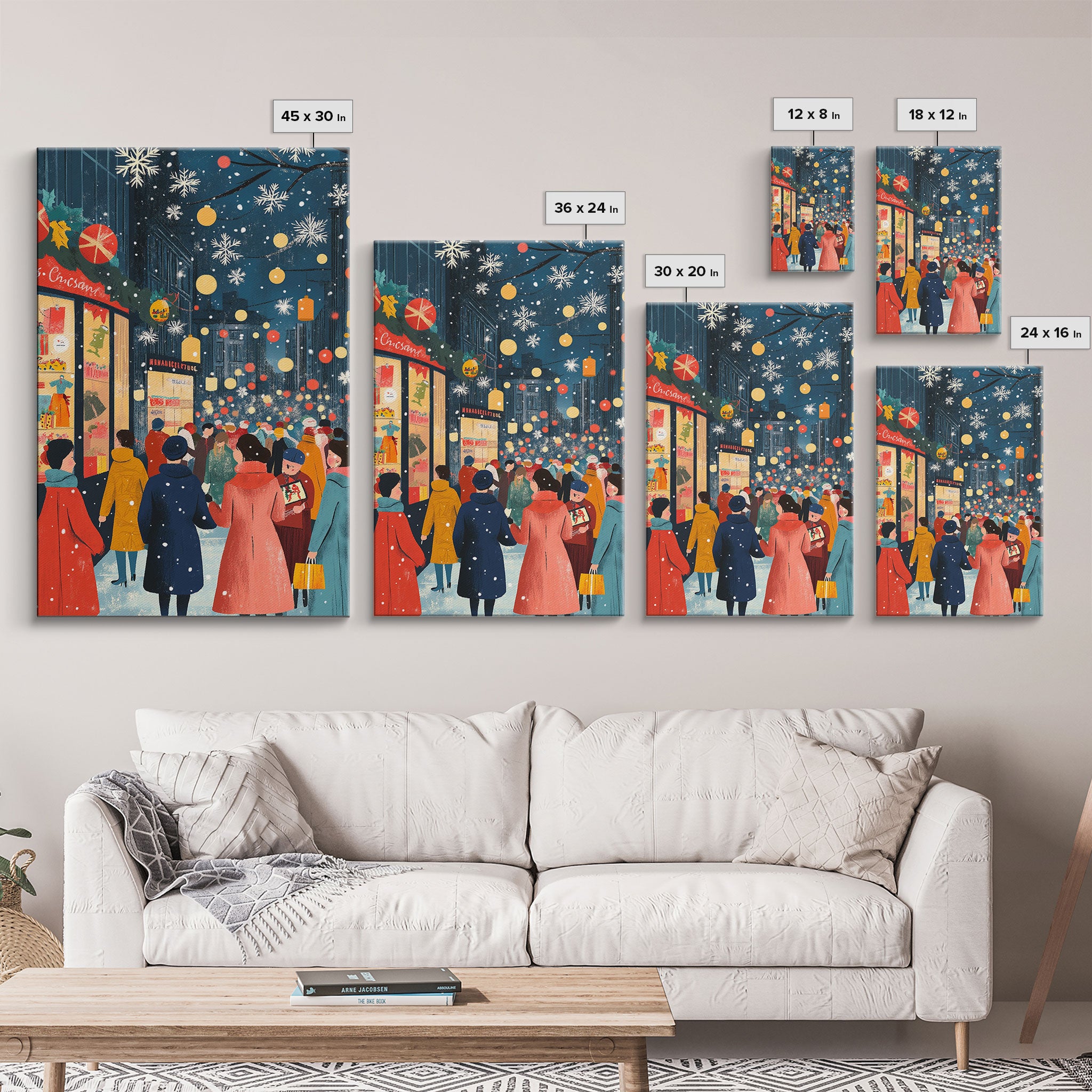 Retro City Christmas Shopping Scene Framed Canvas Print Tall Art With People In Coats And Snow, Vintage Holiday Wall Art Decor