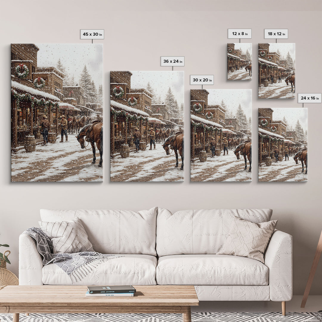 Nostalgic Cowboy Christmas Scene Framed Canvas Print Tall Art With Snowy Western Town, Rustic Wall Art Vintage Christmas Home Decor