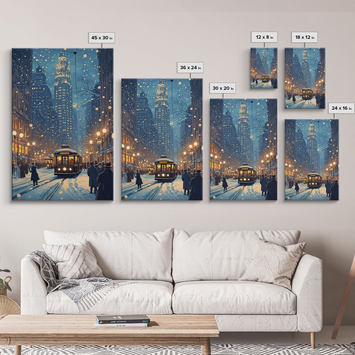 Snowy Winter City Scene Holiday Lights Framed Canvas Print Christmas Wall Art Urban Christmas Decor Holiday Gift Christmas Tree Art Gift