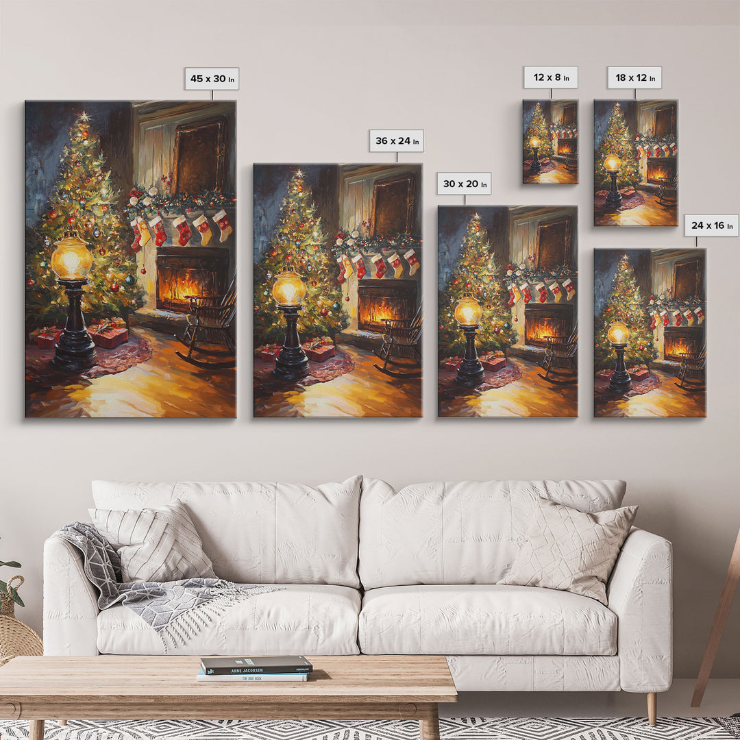 Vintage Christmas Tree And Fireplace Scene Framed Canvas Print Warm Holiday Decor With Stockings And Glowing Lights Christmas Wall Art