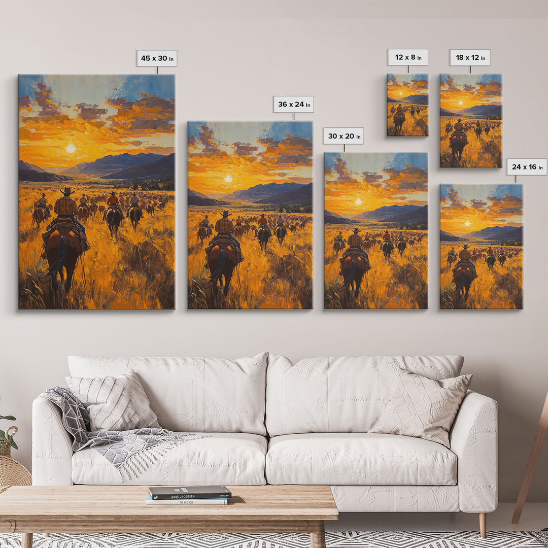 Cowboy Riders at Dusk Framed Canvas Print, Warm Sunset Western Scene with Riders on the Plains, Fall Decor Ranch Homes and Country Wall Art