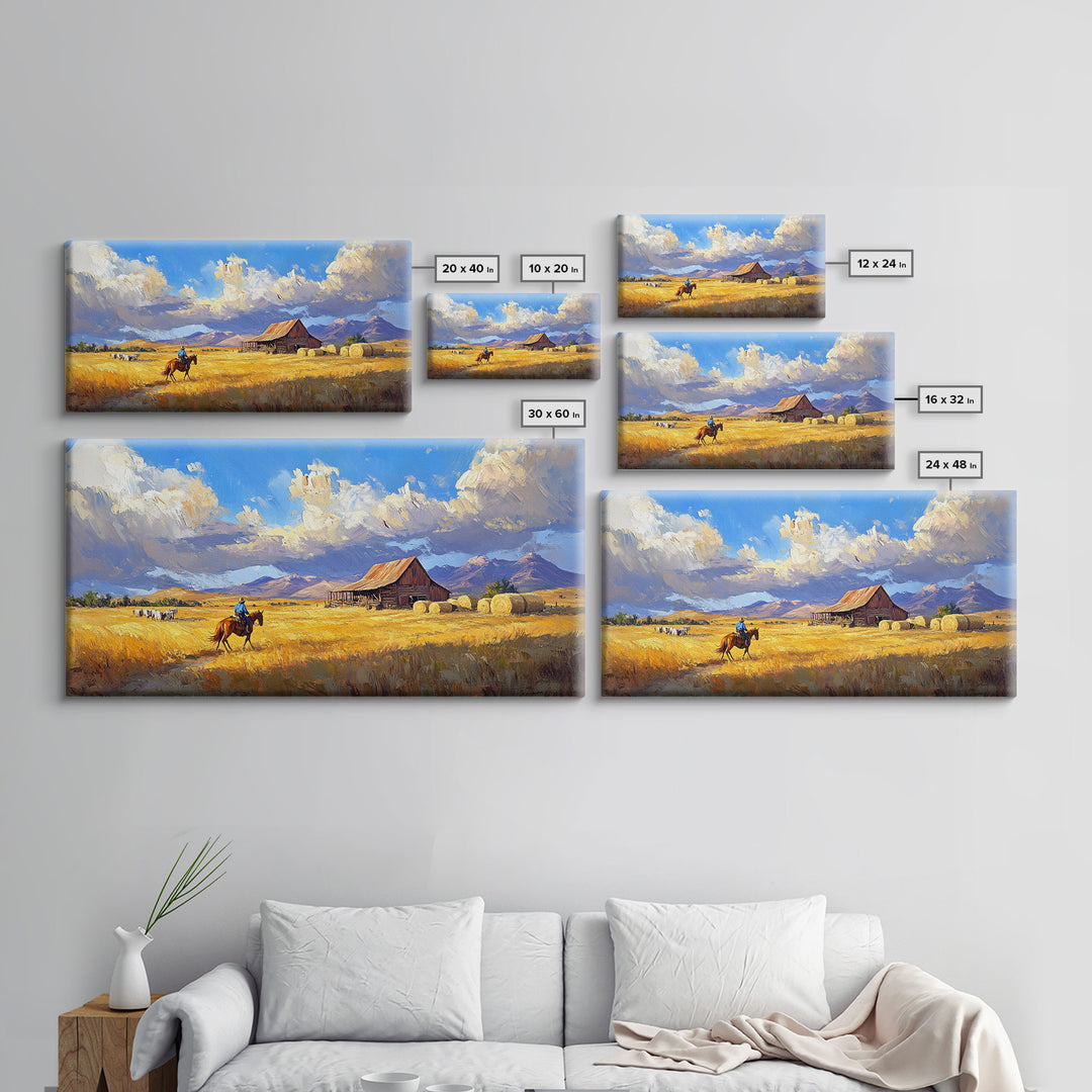 Lone Rider Crossing Golden Fields Tall Art Framed Canvas Print Rustic Cowboy Riding Horse Farmhouse Country Landscape With Cloudy Sky