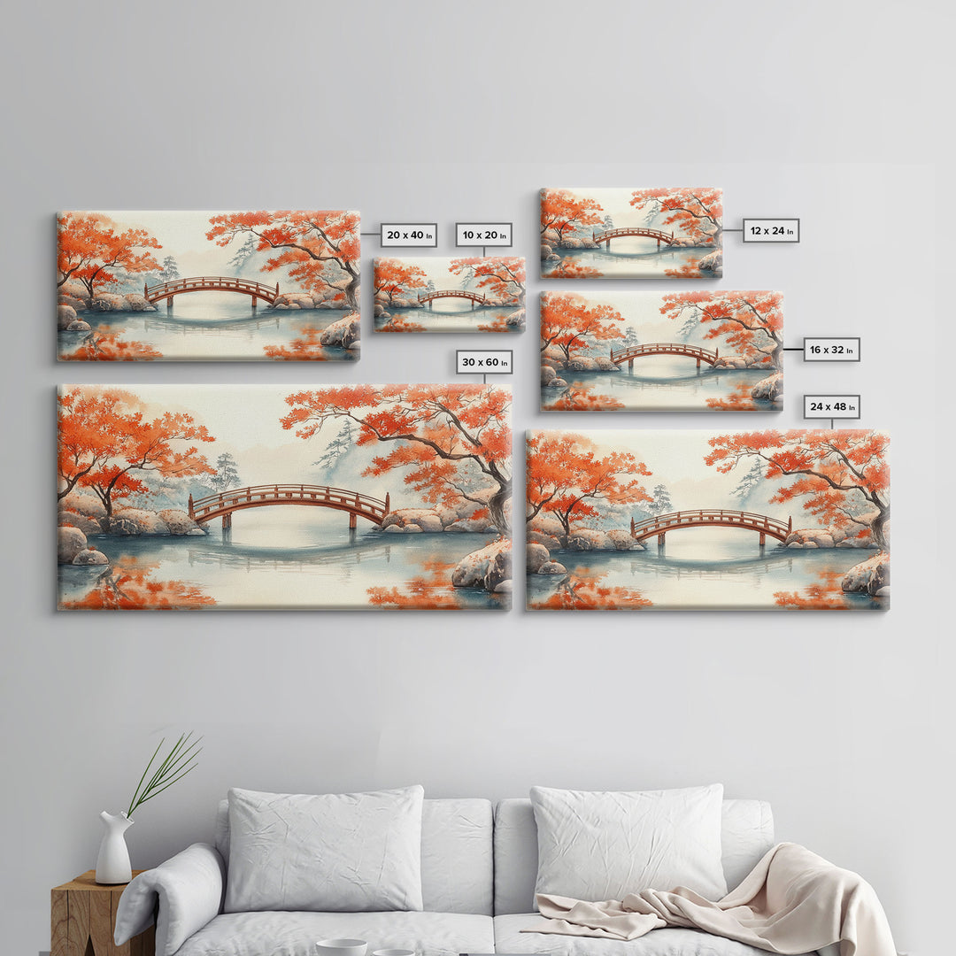 Tranquil Japanese Autumn Bridge Framed Canvas Print Fall Nature Scene Art Minimalist Wall Decor Seasonal Holiday Gift Idea 2024