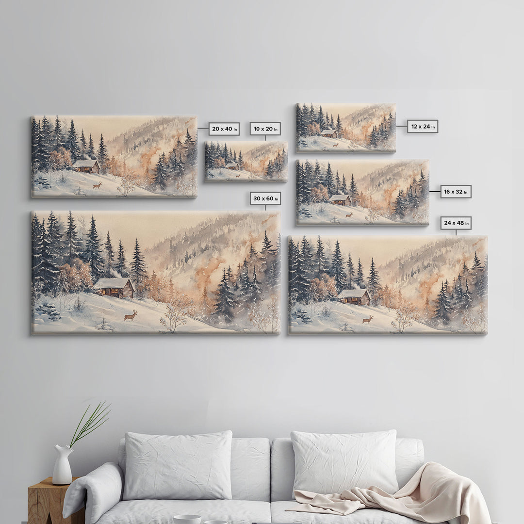 Christmas winter cabin Canvas Print snowy mountain cabin deer cozy holiday wall art winter wonderland seasonal decor Christmas gift idea