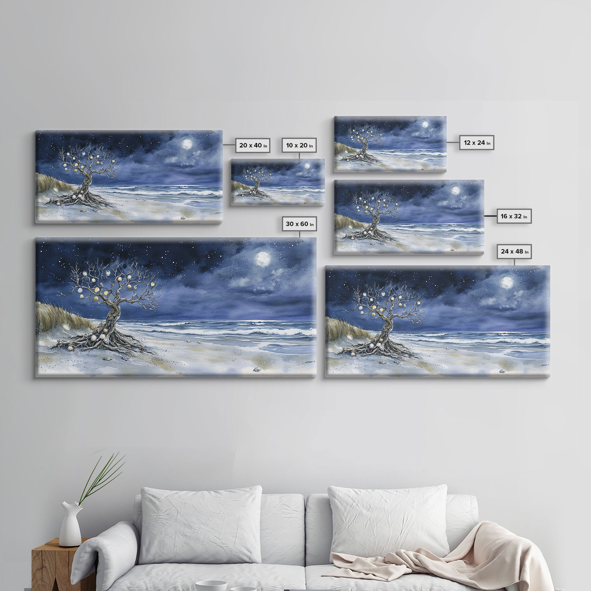 Moonlit Sea and the Tree of Ornaments - tropical Christmas, Christmas decor, Christmas wall art, Nordic Christmas decor, Christmas outdoor