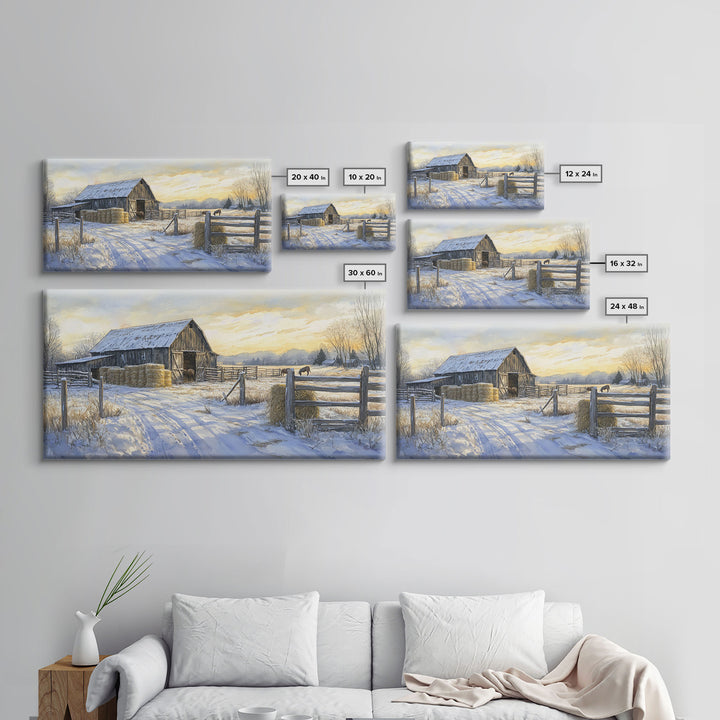 Snowy Barn Horses Canvas Print Winter Landscape Art Farmhouse Christmas Wall Art Framed Canvas Print Rustic Christmas Outdoor Decor