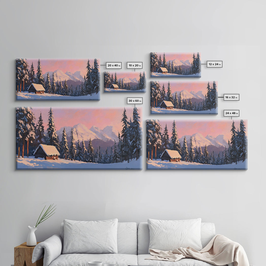 Snowy Mountain Cabin Tall Art Framed Canvas Print Cozy Winter Cabin Nestled In Snowy Forest With Majestic Mountain Landscape