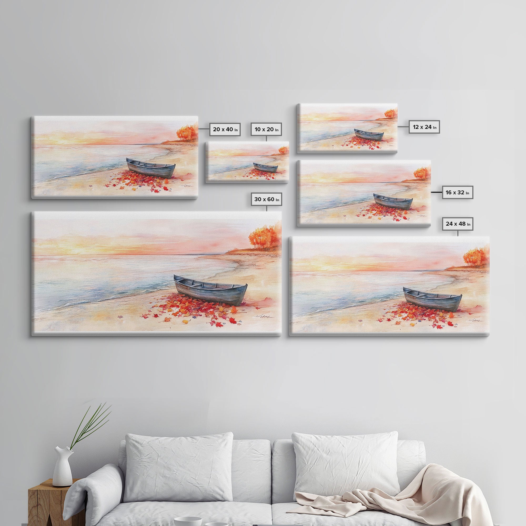 Autumn beach landscape art, fall sunset wall art, coastal boat decor, beach fall home decor, seasonal wall art gift, framed canvas print