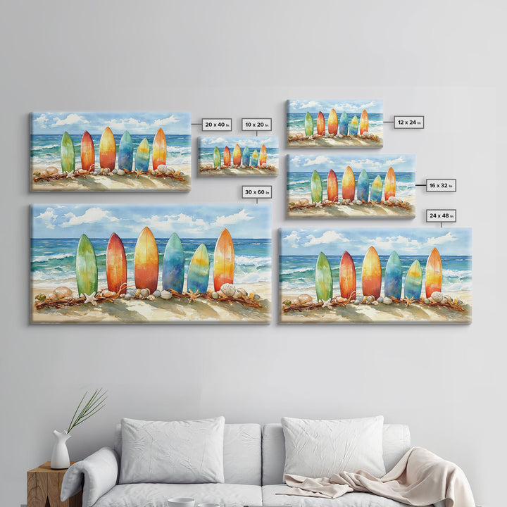 Colorful surfboards Christmas wall art, beach holiday decor, coastal Christmas art, framed canvas print, tropical Christmas art gift