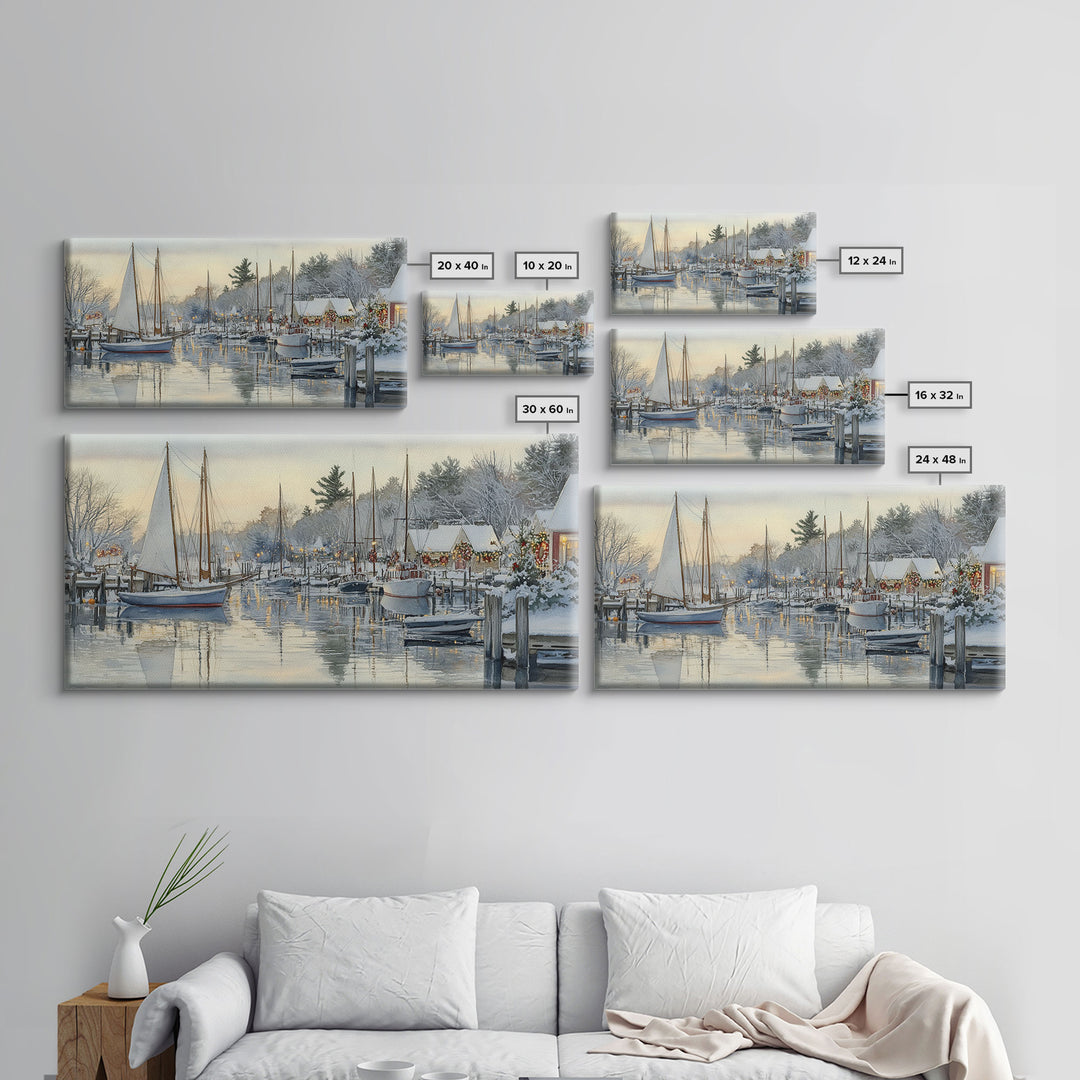 Snowy Boats at a Festive Pier Scene, Framed Canvas Print, Coastal Christmas Decor, Art, Winter Wonderland, Nautical Christmas Wall Print