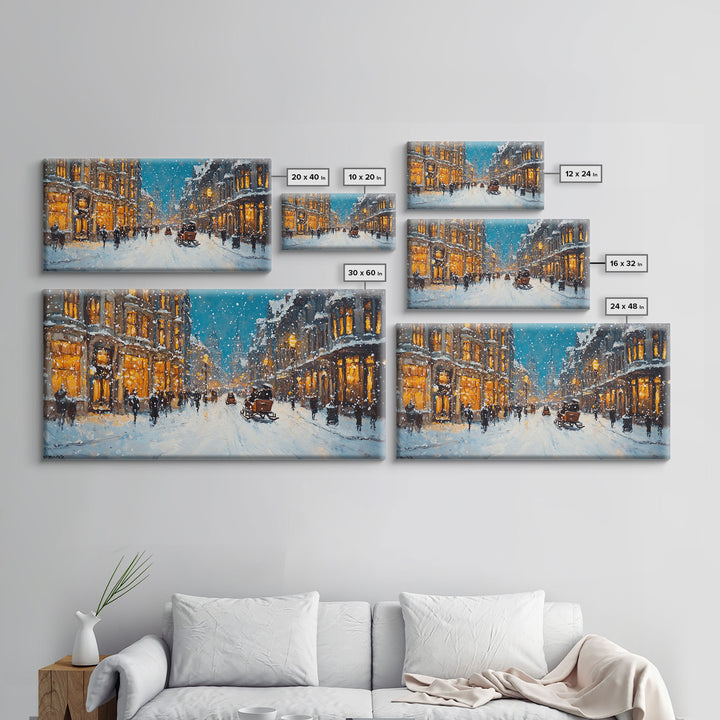 Large Framed Canvas Print Winter Wonderland Snowy City Street Art with Horse Carriage Perfect Christmas Home Decor Holiday Wall Art