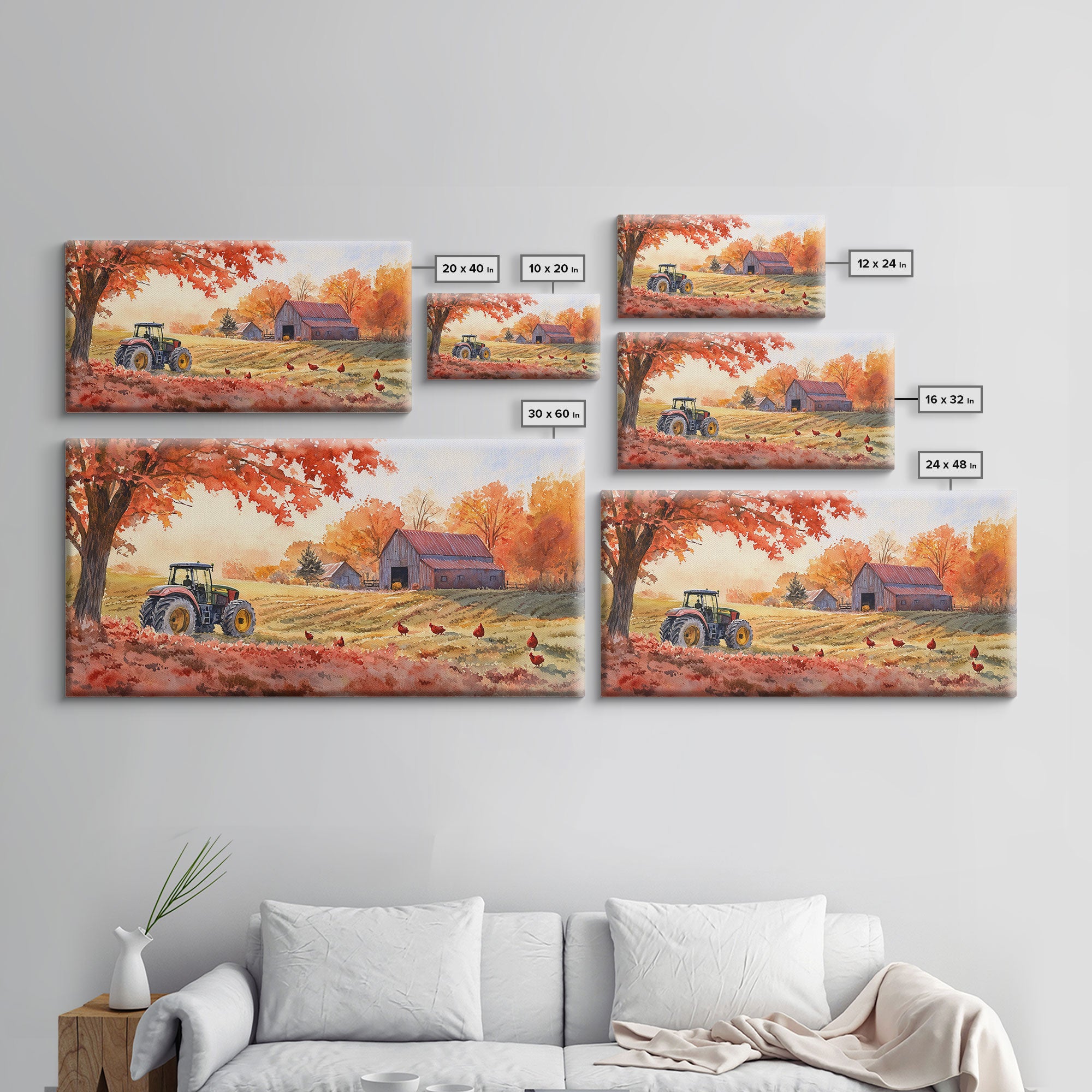 Tractor in Fall Field with Barn, Watercolor Wall Art, Farmhouse Autumn Decor, Framed Canvas Print, Home Decor, Above Sofa Art, Gift Idea