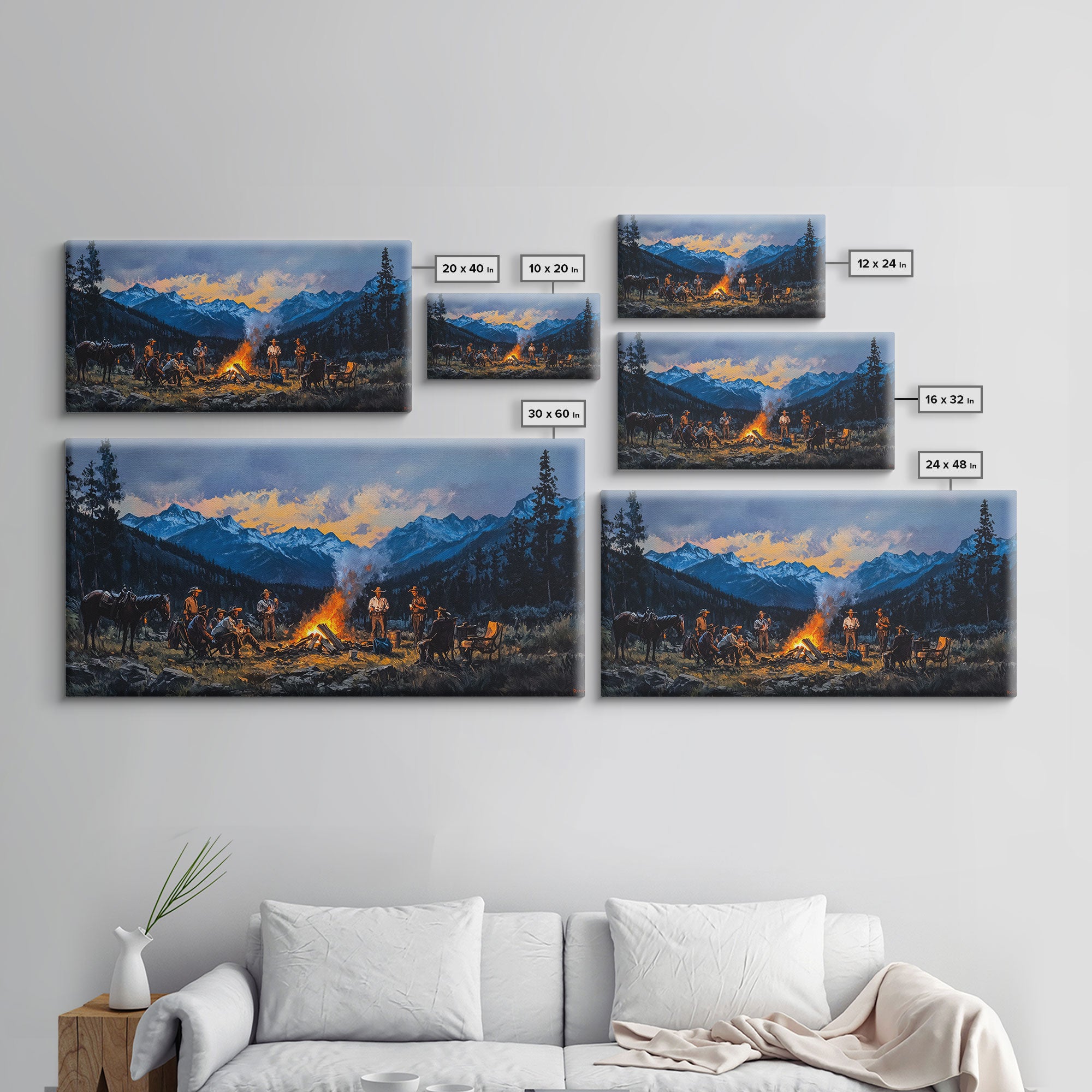 Framed Canvas Print Western Cowboys Campfire Evening Art Landscape Rustic Winter Mountain Home Decor Extra Large Wall Art Gift