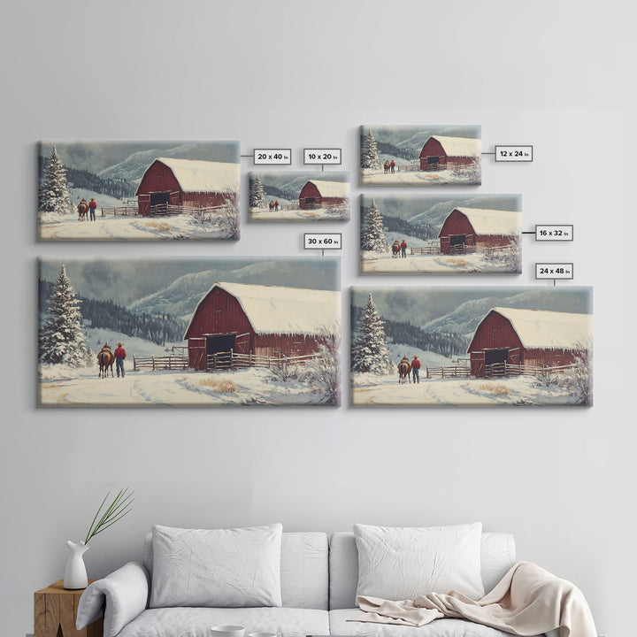 Winter On The Farm, Barn Painting, Framed Canvas Print, Primitive Farmhouse Decor, Christmas Decor, Winter Wonderland Rustic Winter Wall Art