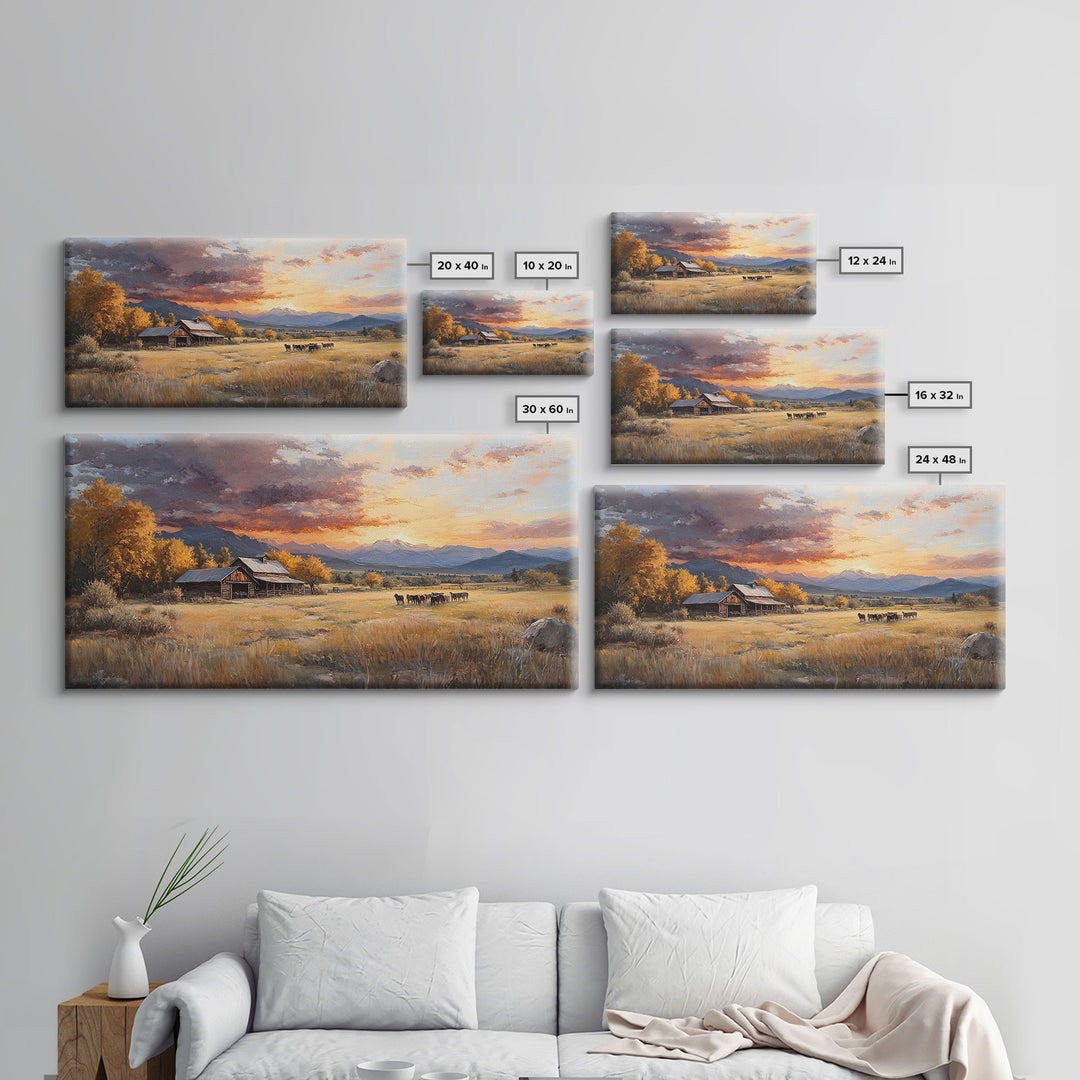 Sunset Ranch Framed Canvas Print Scenic Landscape Art Autumn Mountain Wall Decor Ideal Holiday and Fall Home Decor Extra Large Art