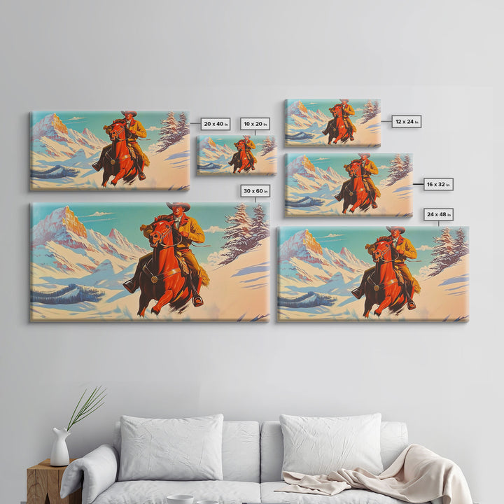 Cowboy in red jacket riding through snow-covered forest, Framed Canvas Print, vibrant winter wall art, rustic western decor